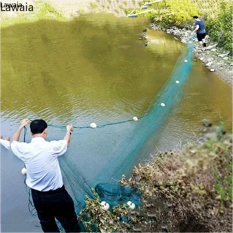 Lawaia Green Multifilament Fishing Trawl Net with Iron Sinker Foam Floats Fish Ponds Dragnet Pull-net 5m 10m Railing Netting