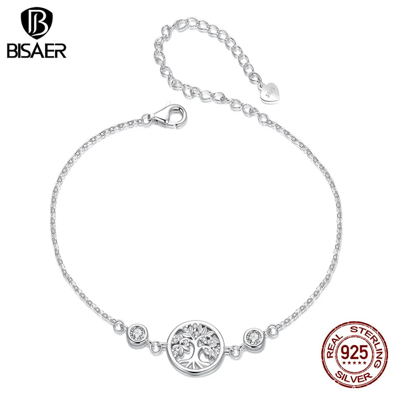 Bracelet BISAER en argent sterling 925 avec pendentif arbre de vie et chaîne réglable plaquée or blanc pour femme, bijoux fins de fête ECB288
