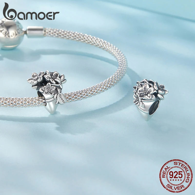 BAMOER Massiver 925 Sterling Silber Blumenstrauß Charm Bead passend für Original Armbänder & Halsketten Schmuck DIY Bamoer Blumen Charm SCC2972