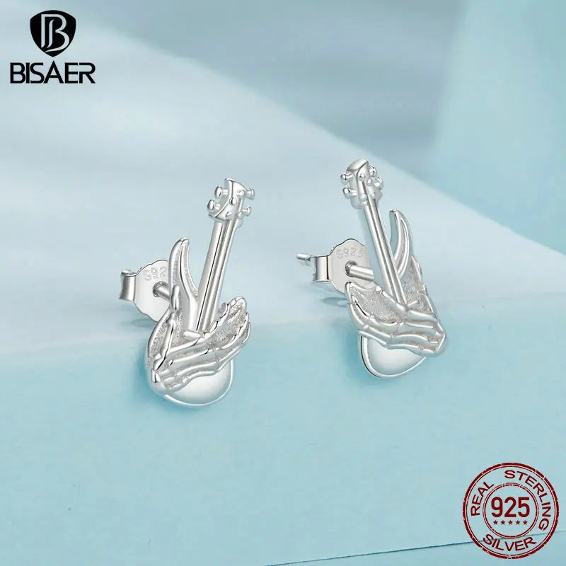 Boucles d'oreilles à tige en argent sterling 925 BISAER en forme de mini tête de mort plaquée or blanc pour les amateurs de musique, bijoux fins originaux, cadeau