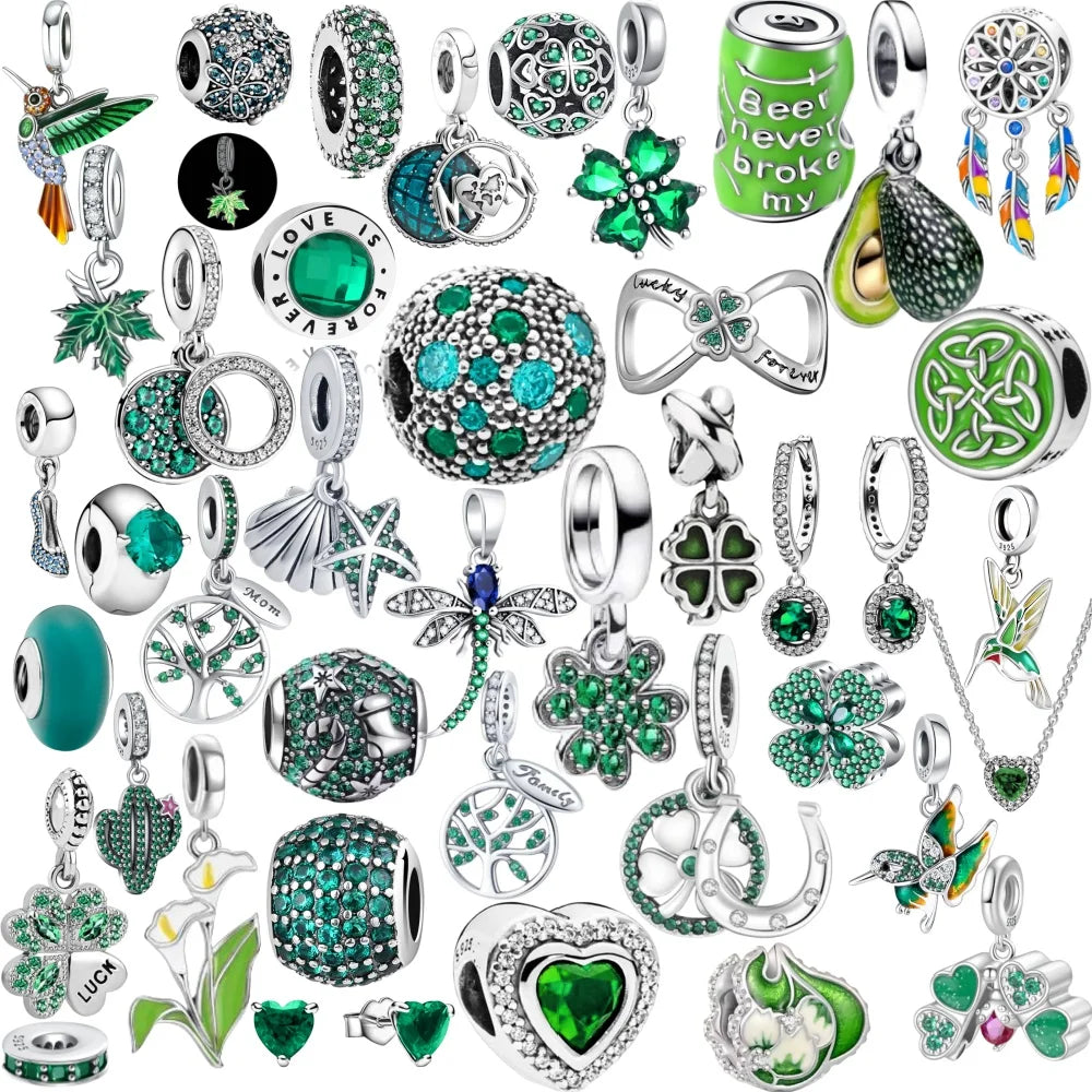 Hot New Summer green series Silver Clover Bead Maple Bird Charm Fit Original Women Bracelet DIY Fine Dangle Jewelry Amulet Gift