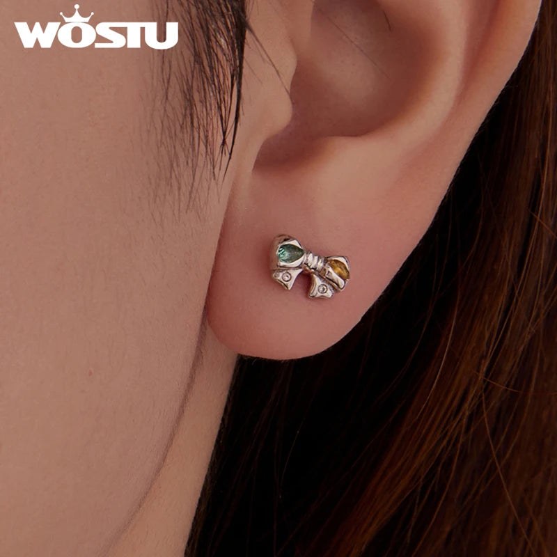 WOSTU Real 925 Sterling Silver Candy Colorful CZ Bow Stud Earrings For Women Sweet Ear Studs Birthday Gift For Girl