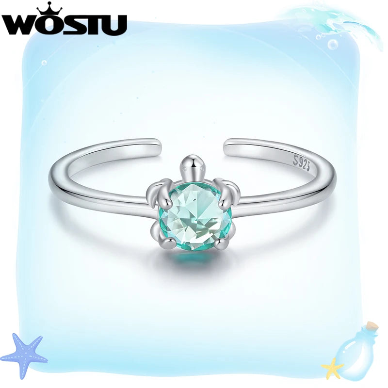 WOSTU S925 Silver Original Turtle Ring for Women, Cute Animal Stackable Tortoise Ring with Green Stone Adjustable Jewelry Gift