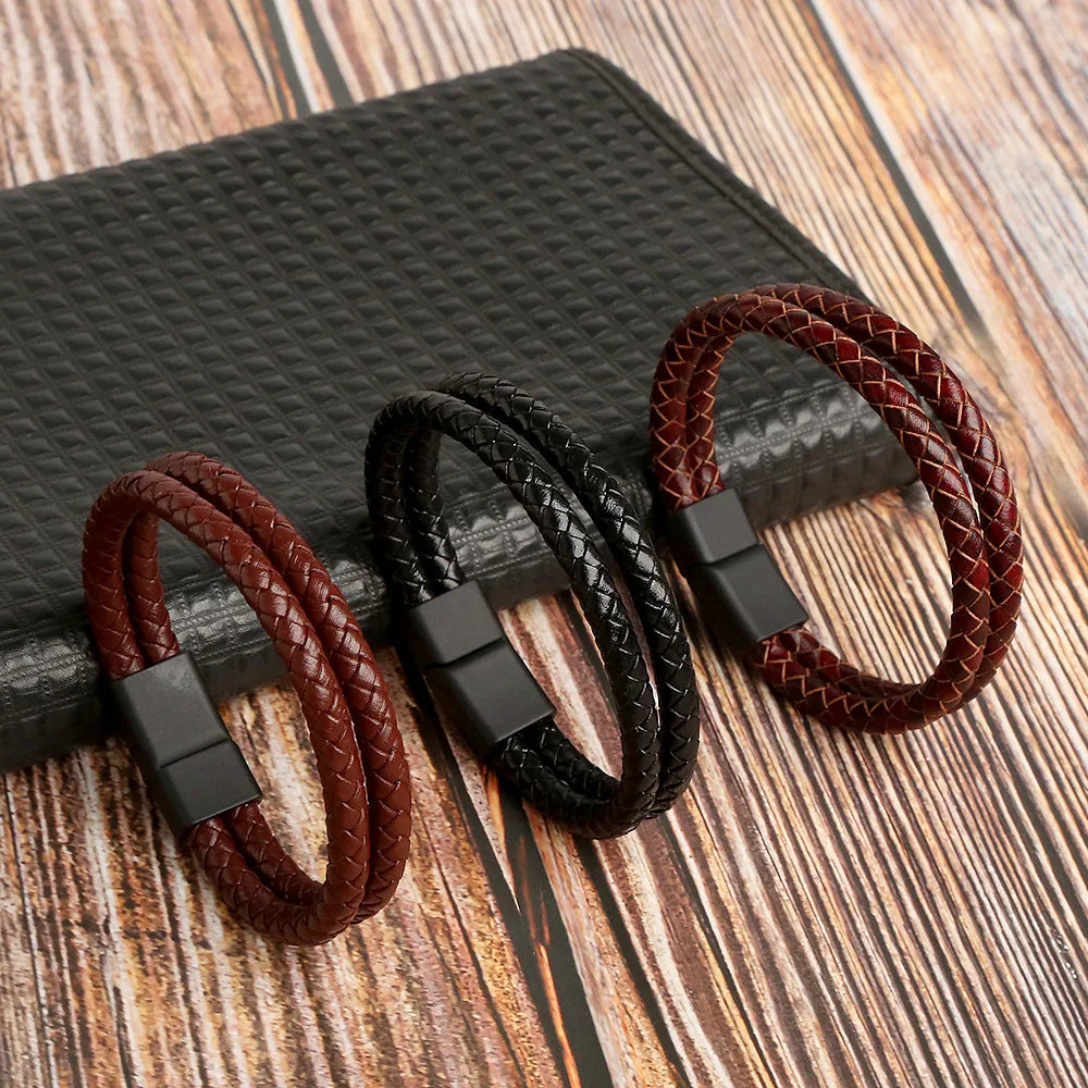 New Men's Genuine Leather Bracelet Vintage Hand Woven Leather Cord Magnetic Buckle Bracelet Lover Gift