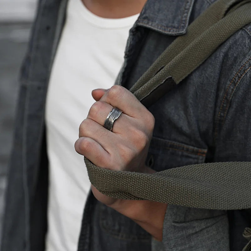 Retro Wave Traces Ring For Men Silver Color Punk Gothic Rock Hiphop Open Ring Trendy Accessories Handmade Jewelry Unisex Gift