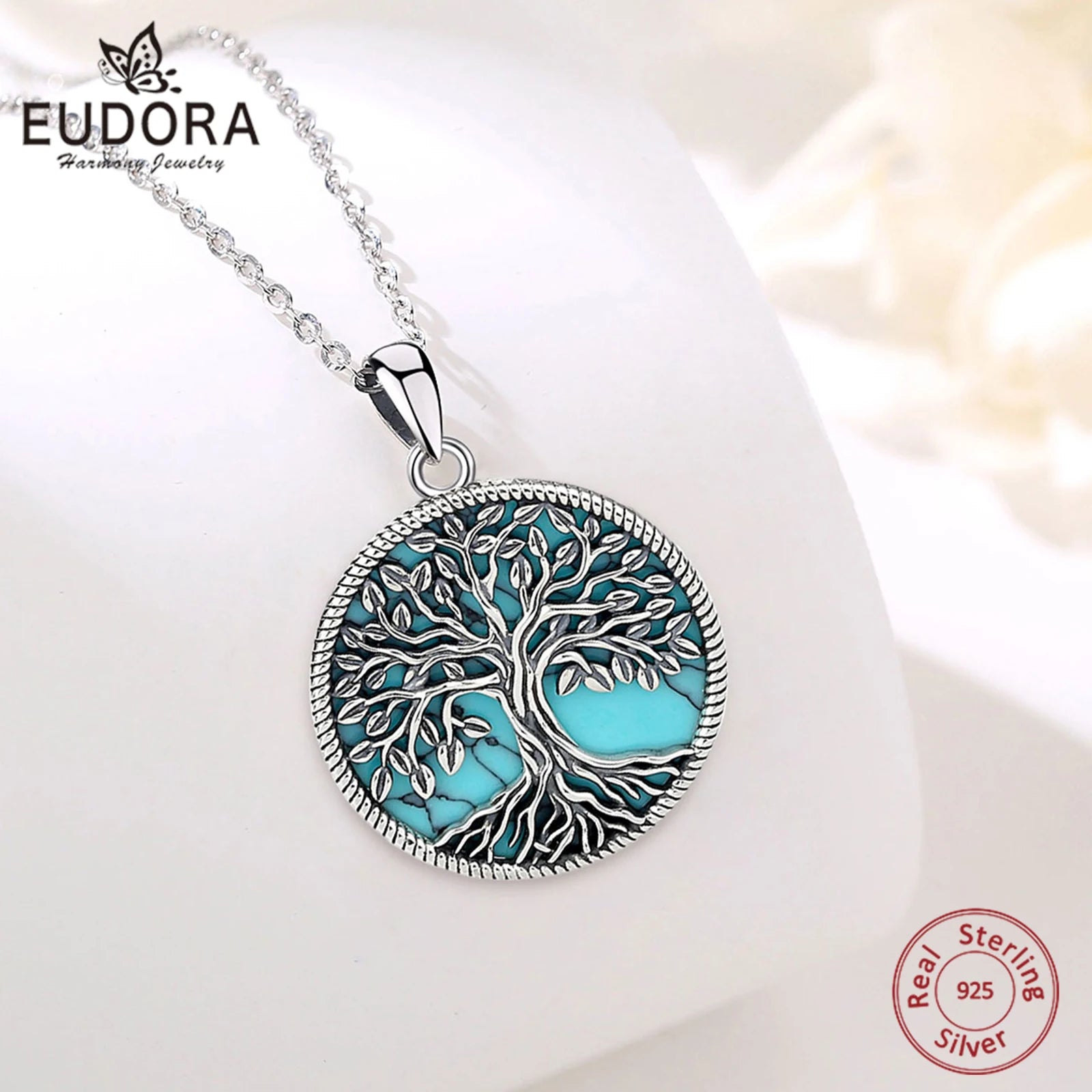 Eudora 925 Sterling Silver Tree of Life Necklace Yggdrasil Turquoise Pendant Silver Tree Jewelry Gift for Mom Grandma Women