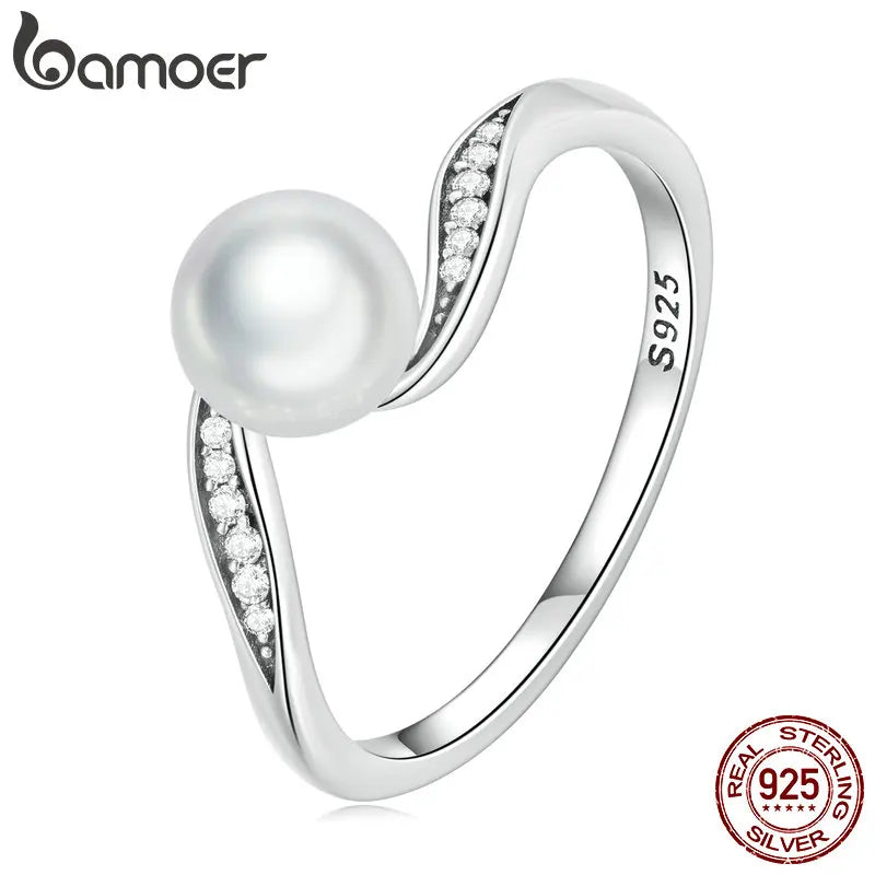Bamoer 925 Sterling Silber Hochwertiger Muschelkern-Ring Geometrischer Ring Pave Setting CZ für Frauen Geburtstagsgeschenk Edlen Schmuck BSR304
