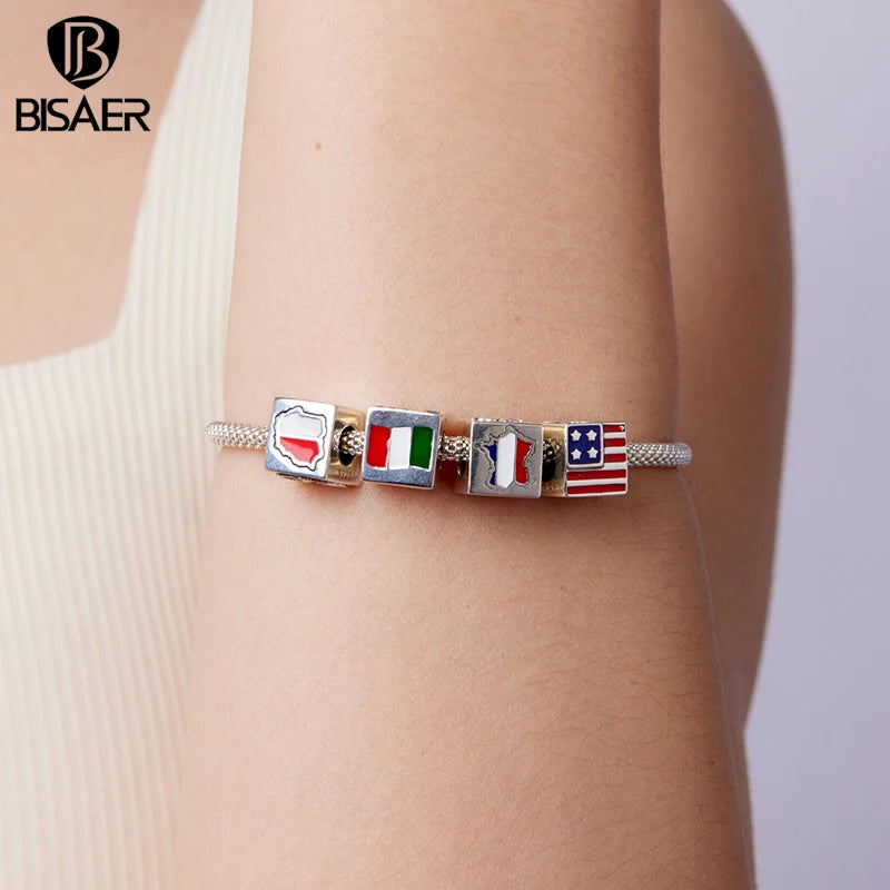 BISAER 925 Sterling Silver Souvenir Charm Italy American Poland France Memorial Symbol Bead for DIY Bracelet Fine Jewelry Gift