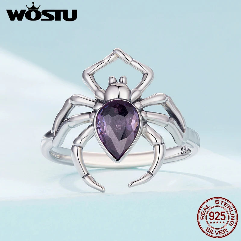 WOSTU Real 925 Sterling Silver Purple Spider Statement Ring For Women , Big CZ Vintage Punk Animal Rings Halloween Gift CQR1158