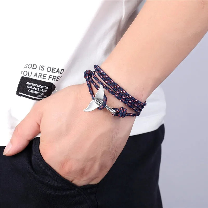 MKENDN Fashion Whale Tail Bracelets Men Women Charm Nautical Survival Multilayers Rope Chain Paracord Bracelet Wrap Metal Hooks