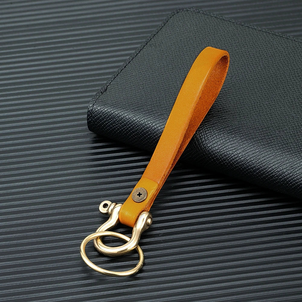 MKENDN Retro Solid Brass Carabiner Hook Nautical Horseshoe Shackle Genuine cow leather Strap Hholder keychain keyring FOB Gifts