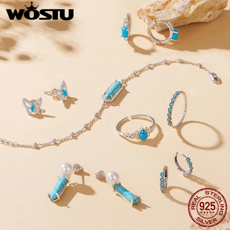 WOSTU 925 Sterling Silver Pearl &Turquoise Drop Dangle Earrings for Women Elegant s925 Silver Party Holiday Jewelry Gift