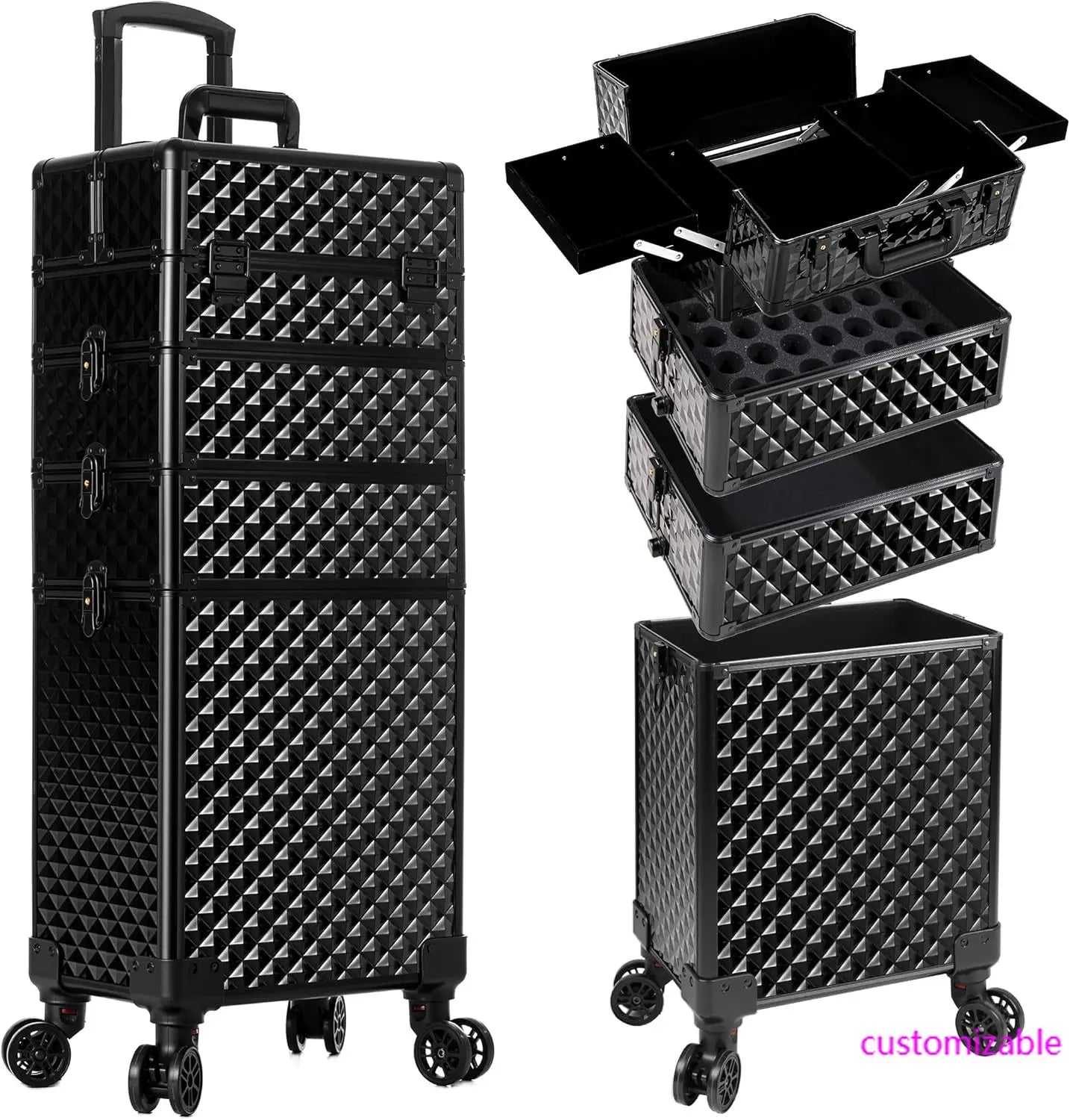 Rolling Makeup Train Case 4 in 1 Cosmetology Case on Wheels Large Storage Cosmetic Trolley with Key Salon Barber Case