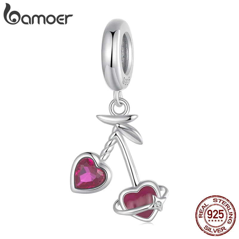 BAMOER 925 Sterling Silver Heart-shaped Cherry Pendant fit Original Bracelet DIY Bamoer Charm for Jewelry Making Christmas Gift