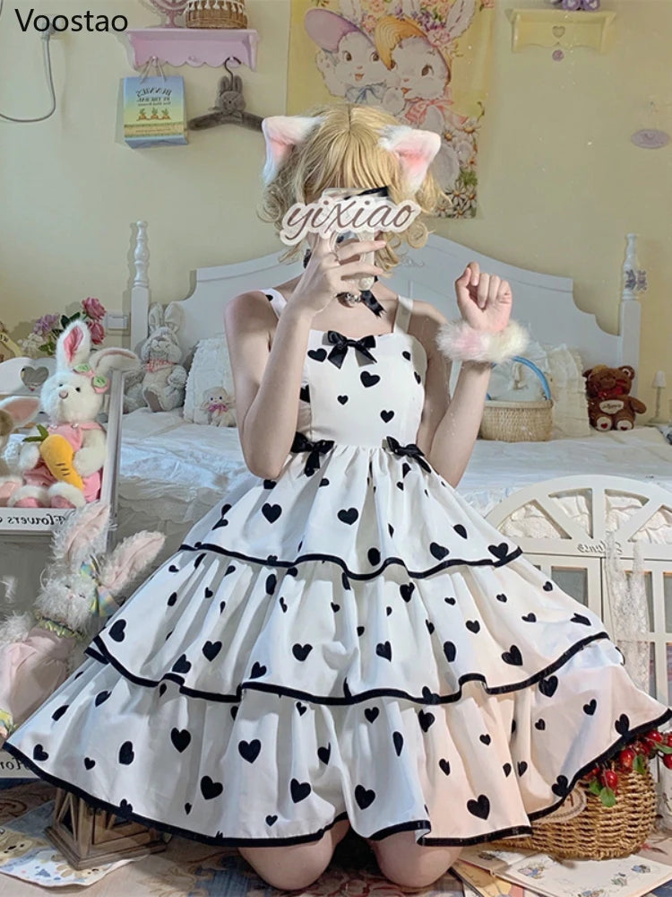 Summer Sweet Lolita Style Princess Dress Women Chic M-3XL Dresses Japanese Kawaii Girl Cosplay Bow Hearts Print Tiered Vestidos