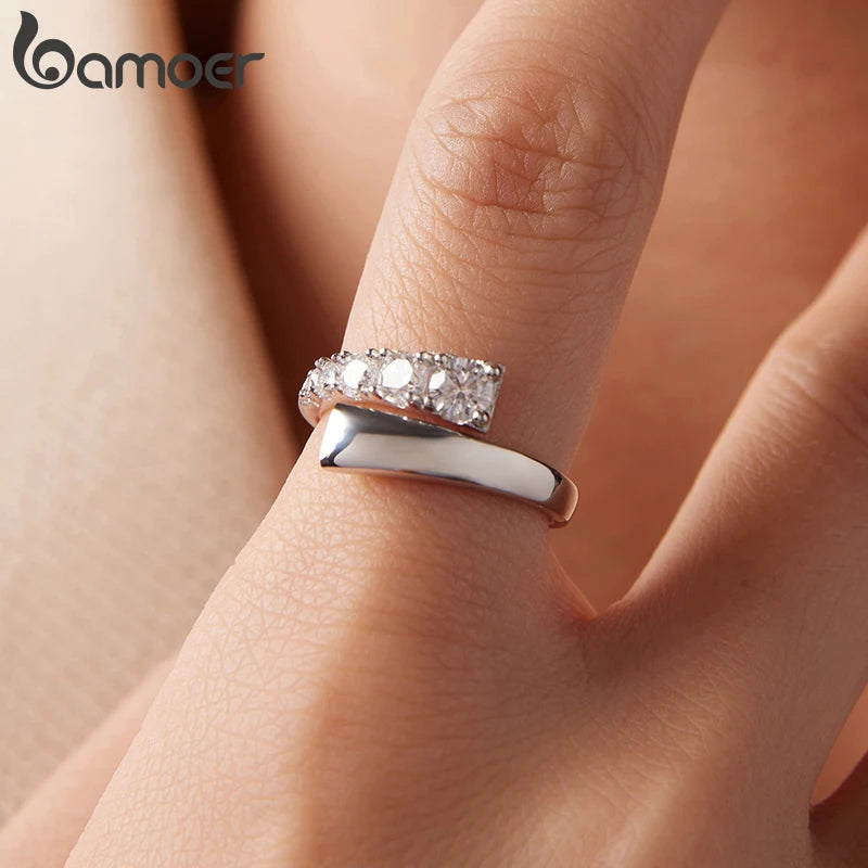 BAMOER 0.7CTTW Moissanite Open Ring 5 Stones Multi-size Round Cut Lab Diamond 925 Sterling Silver for Women Xmas Gift Adjustable