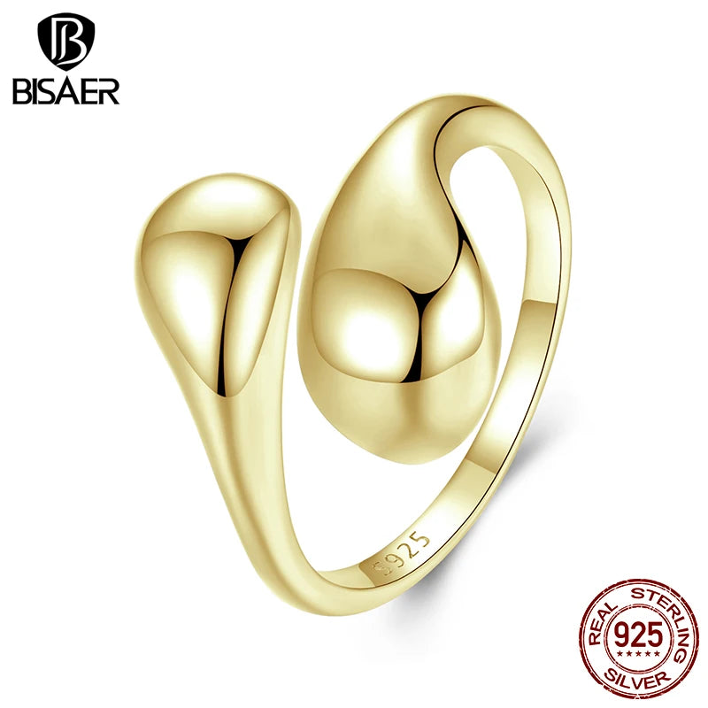 BISAER 925 Sterling Silver Water Droplet Open Ring Metal Statement Band Adjustable 18K Gold-Plated for OL Women Fine Jewelry