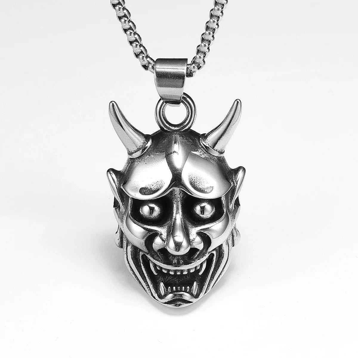 Prajna Mask Men Necklace Retro Japanese Ghost Head Warrior 316L Stainless Steel Pendant Chain Rock Punk for Biker Jewelry Gift