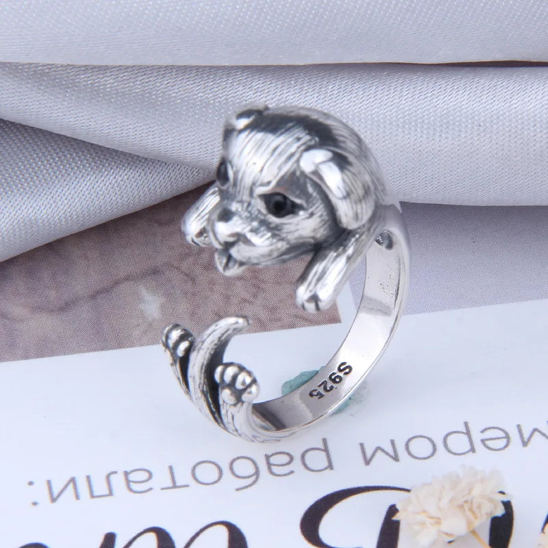 Buyee 925 Sterling Silber Hundering Finger für Frau Männer Mode Tier Rock Punk Großer edler Schmuck Kreis mit Box Geschenk