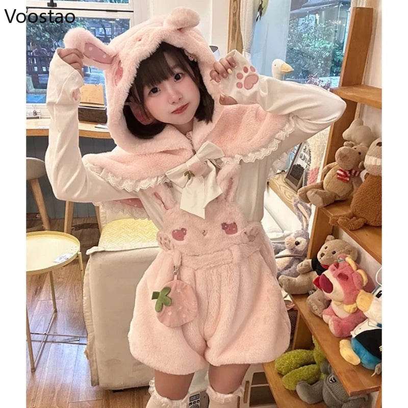 Autumn Winter Japanese Kawaii Lolita Shorts 3 Piece Sets Women Sweet Blouse Cute Shawl Cartoon Plush Overalls Suits Y2k Outfits