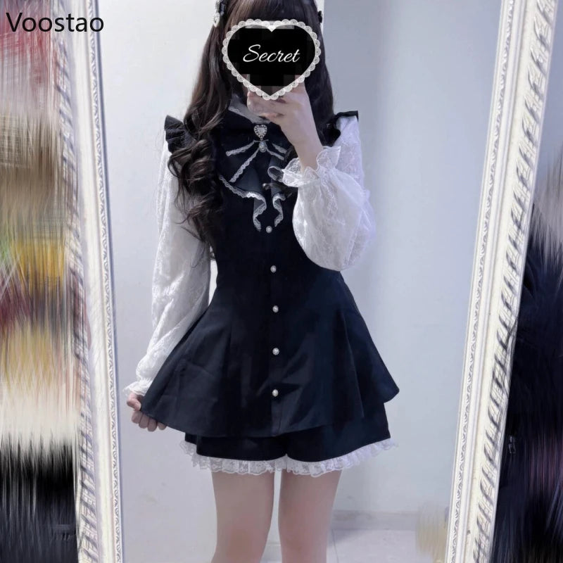 Japanese Gothic Style Rhinestone Bow Dress Women Sweet Fake Two Piece Long Sleeve Slim Shirt Dresses Kawaii Lolita Mini Dress