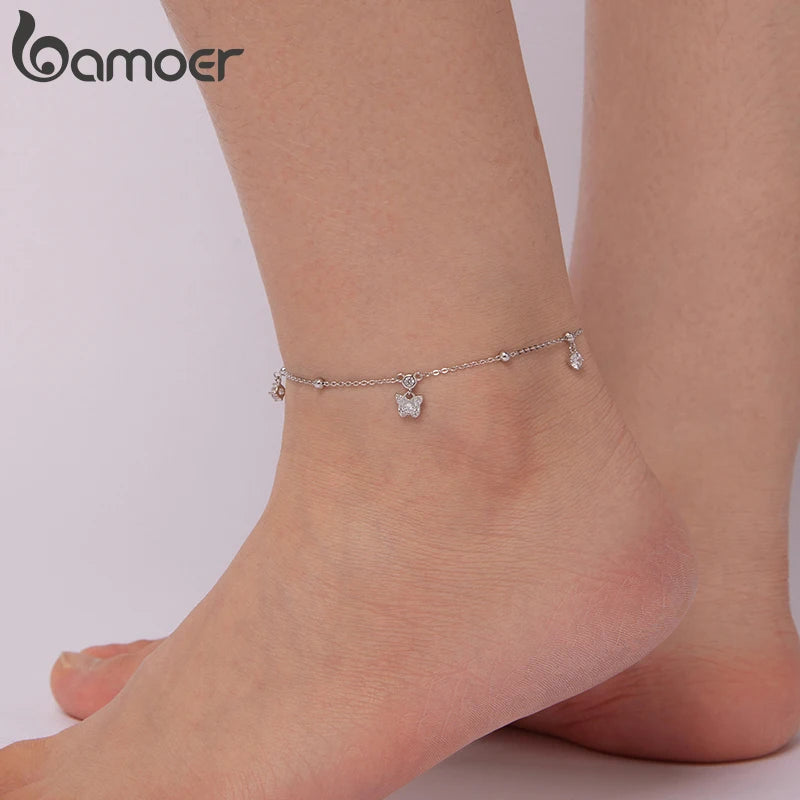 BAMOER 925 Sterling Silver Full Zircons Butterfly Anklet Link Leg Chain with Beads for Women Girls Lightweight Foot Jewelry