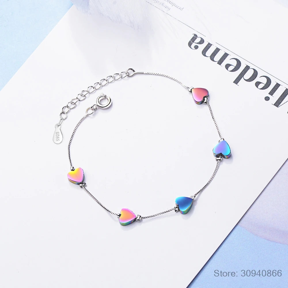 Rainbow Color Enamel Heart Bracelet for Women Heart-shape 925 Sterling Silver Chain Bracelet Anti-allergy Jewelry SCB158