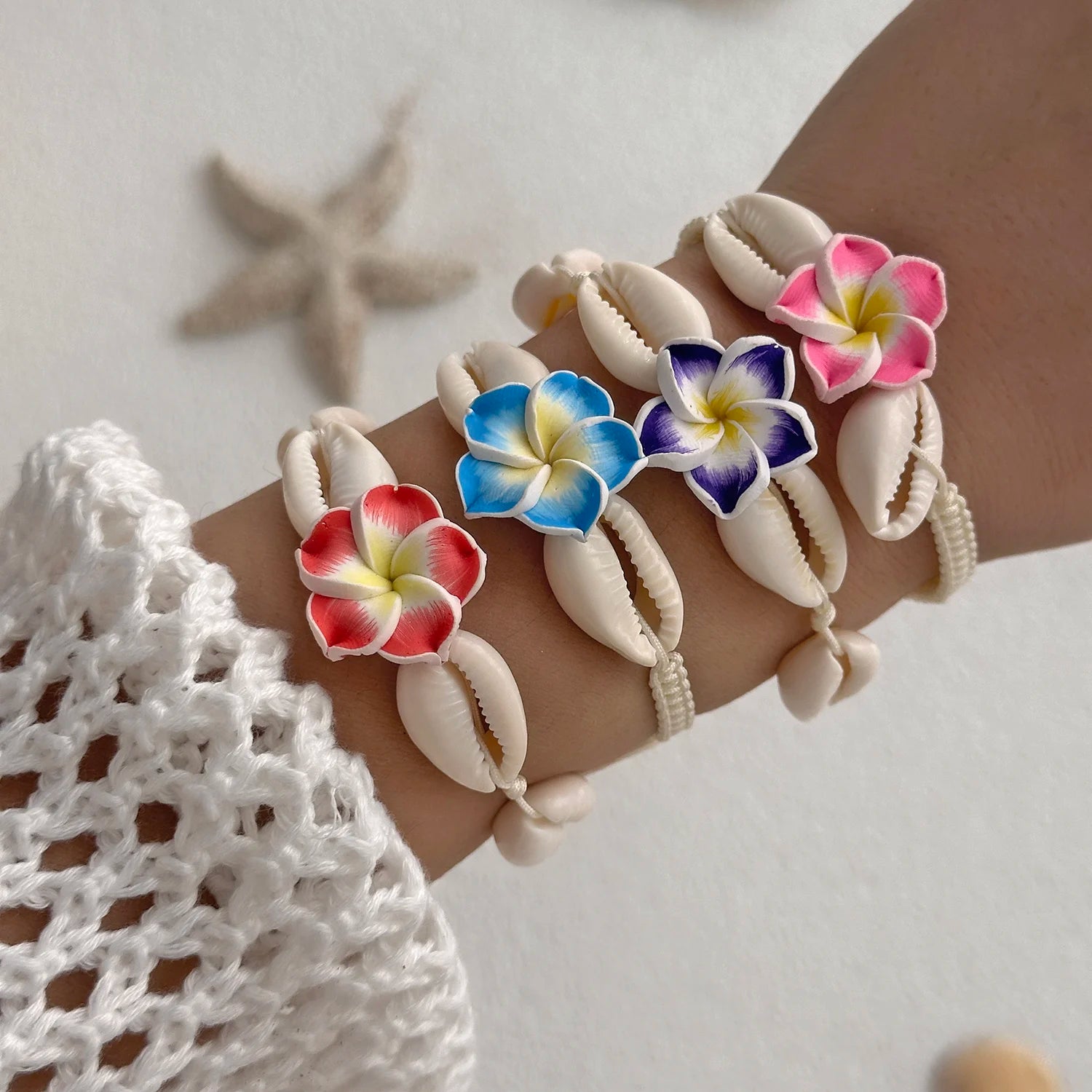 Bohemian Big Flower Sea Shell Charm Bracelets For Women Pink Blue Green Flower Soft Clay Pottery Beaded Bangles Handmade Jewelry