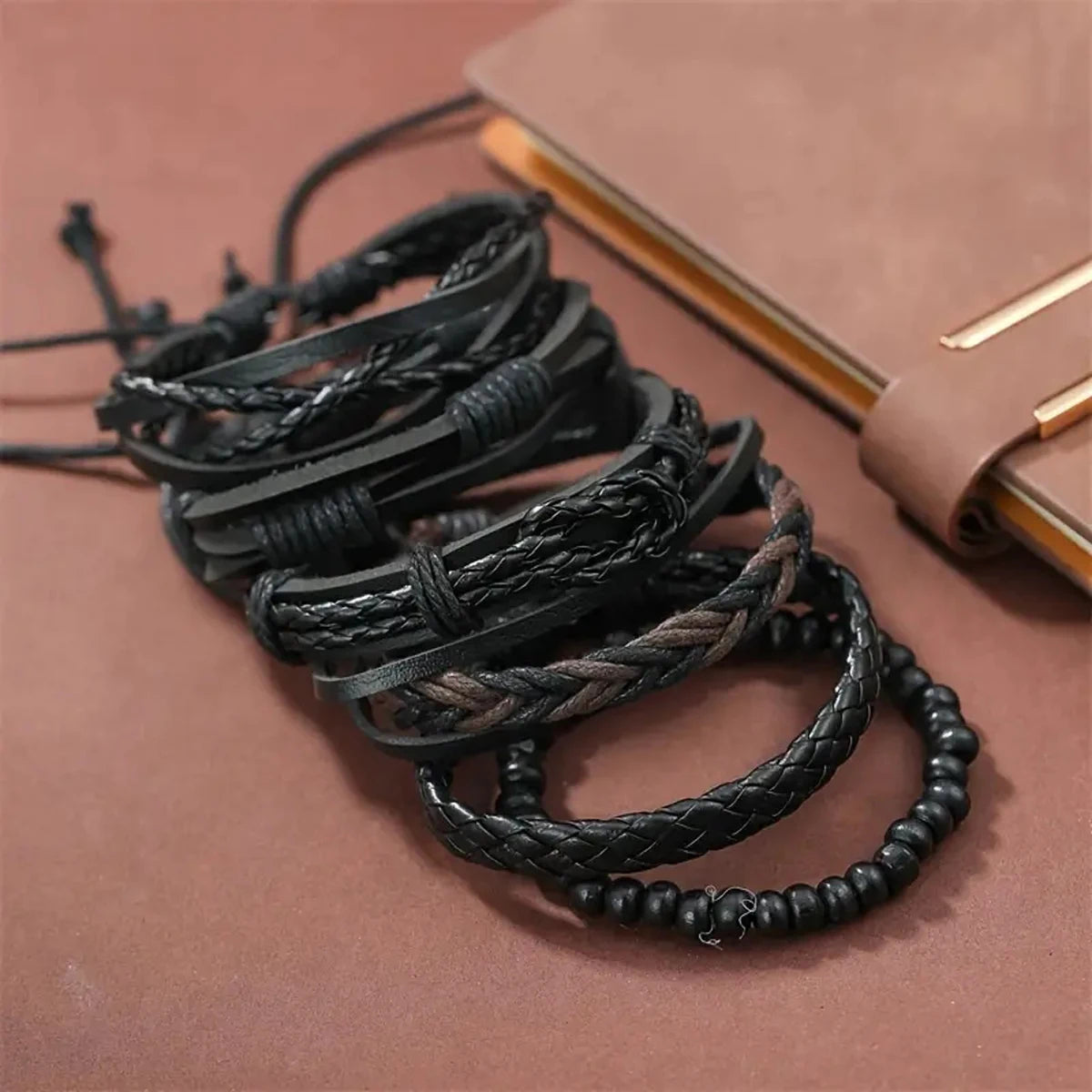 6pcs Men's PU Leather Punk Street Style Black Handmade Men Minimalist Twist Bracelet