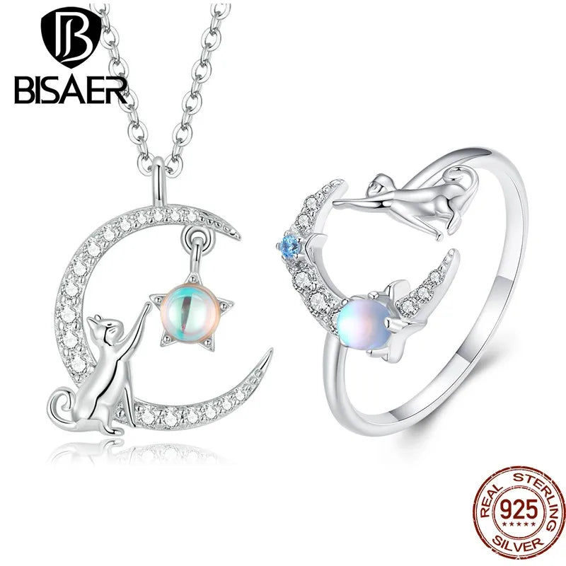 BISAER Genuine 925 Sterling Silver Cute Cat Moon Jewelry Set Animal Pendant Necklaces &Ring Original Jewelry Women Romantic Gift