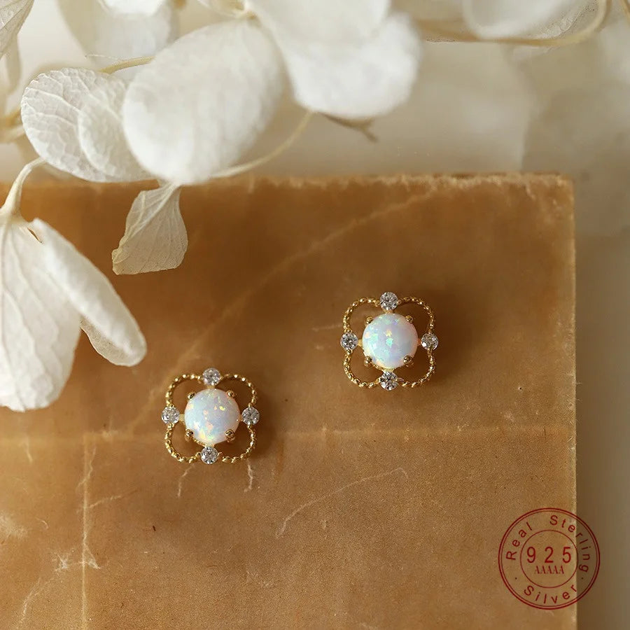 925 Sterling Silber Galvanisierte 14K Gold Ohrringe für Frauen Französisch Imitation Opal Zirkonia Blume Leichte Luxus Ohrringe