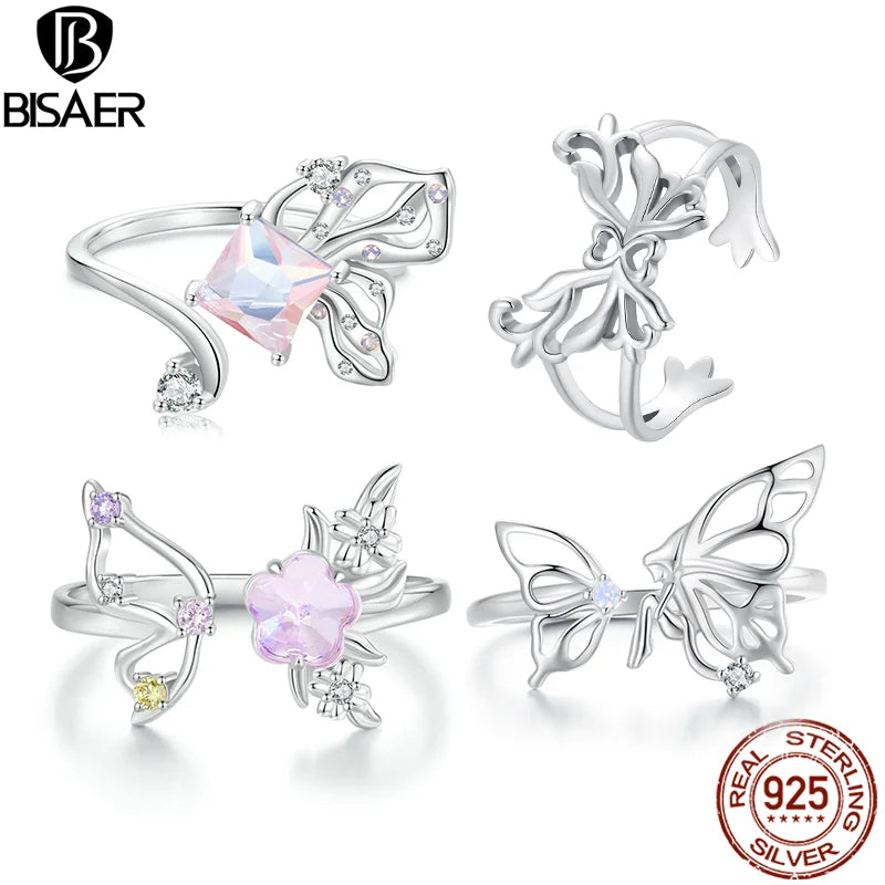 BISAER 925 Sterling Silber Schmetterling Offener Ring Eternity Band Einstellbare Größe 5-9 Vergoldet Weißgold für Frauen Party Edlen Schmuck