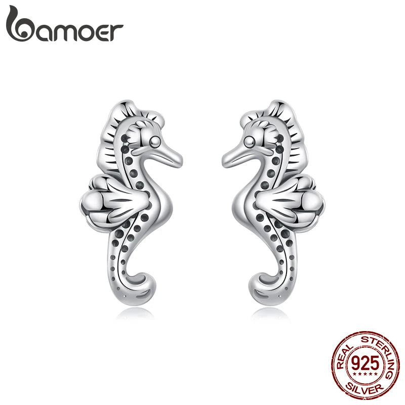 BAMOER 925 Sterling Silver Cute Seahorse Earrings, Small Animal Huggie Stud Earrings Jewelry Gifts for women Teen Girls SCE1871