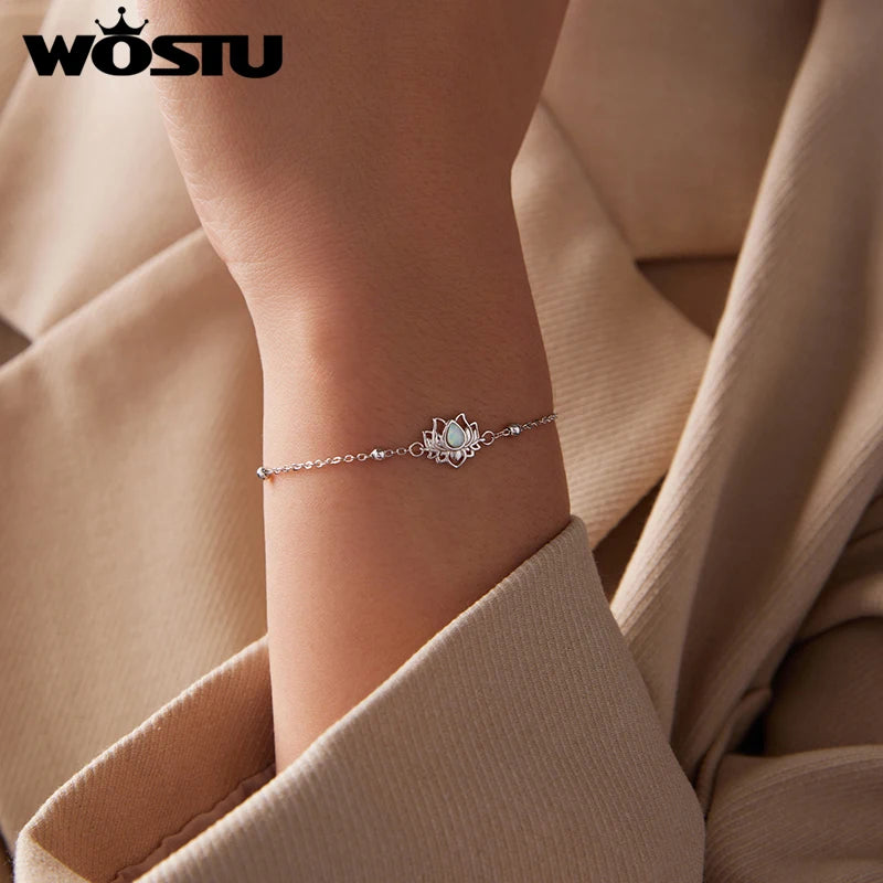 WOSTU 925 Sterling Silver Lotus Bead Chain Bracelet for Women, Adjustable White Opal Pendant Link Yoga Meditation Jewelry Gi