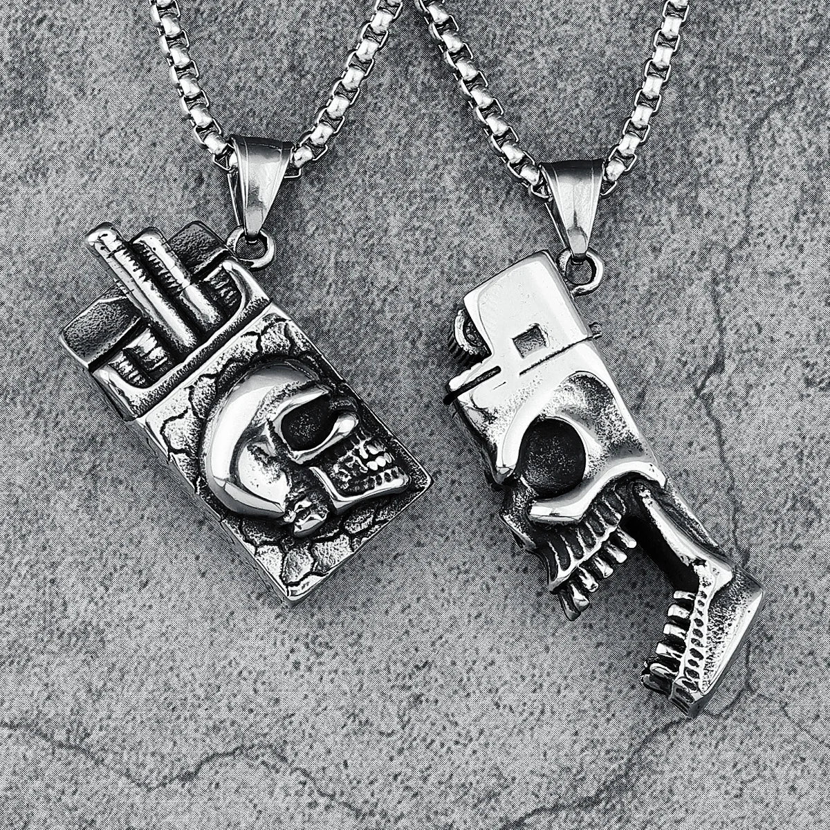 Skeleton Lighter Necklace 316L Stainless Steel Cigarette Box Men Pendant Chain Punk for Boyfriend Biker Rider Jewelry Funky Gift