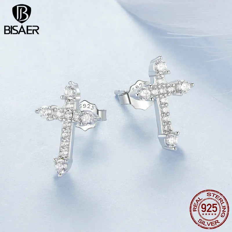 Boucles d'oreilles à tige en argent sterling 925 BISAER avec croix scintillante sertie de zircons pavés plaqués or blanc, bijoux fins pour femme, cadeau de fête