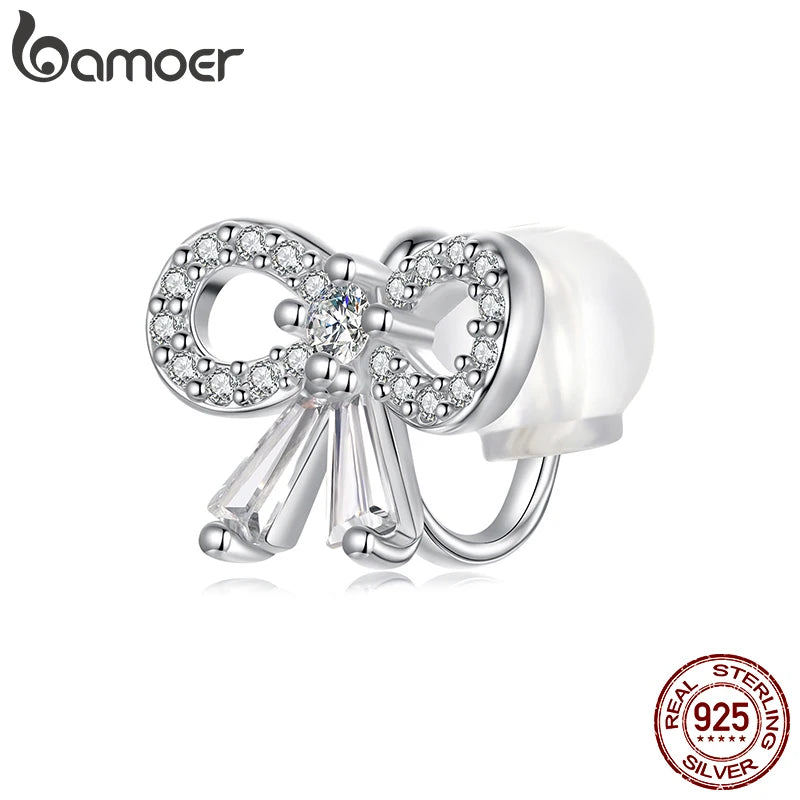 BAMOER Mono 925 Sterling Silver Bowknot Ear Cuff for Women Teen Girls Statement Elegant Ear Clip 1PCS