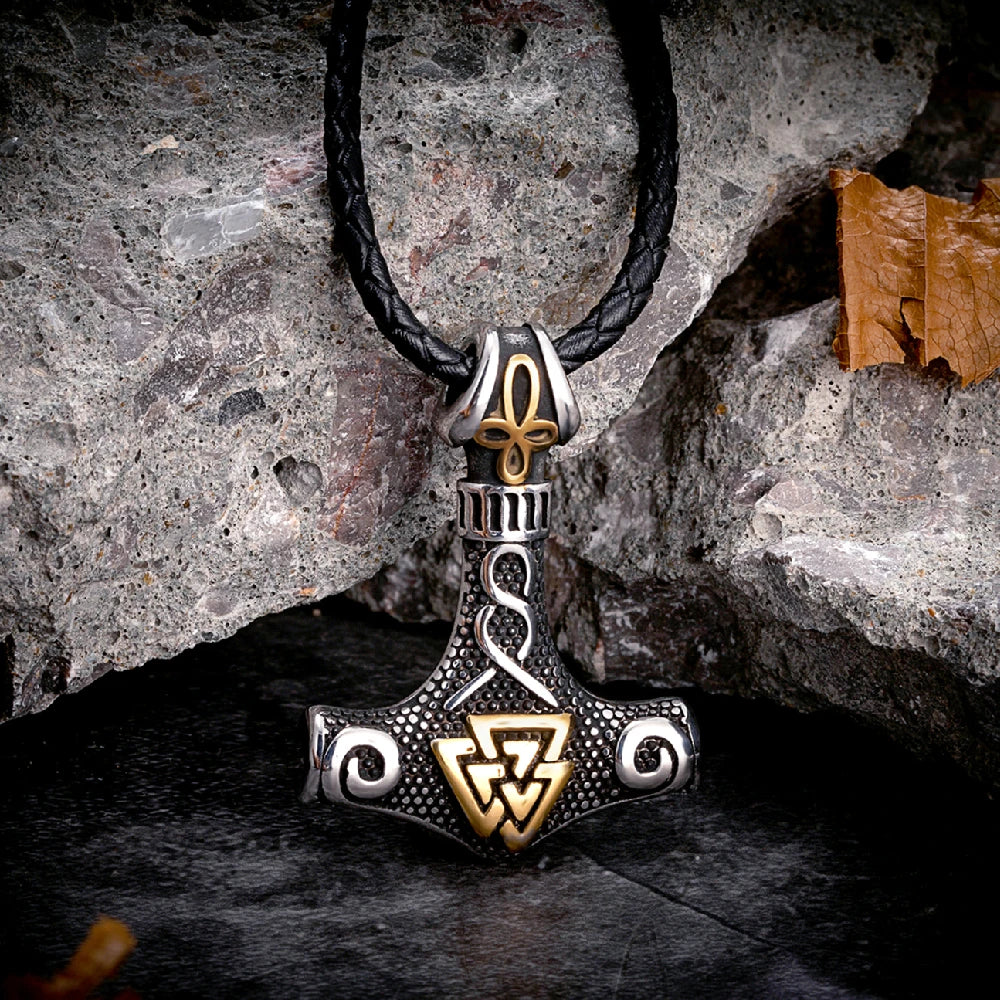 Vikings Thors Hammer Necklaces Stainless Steel Double-sided Anchor Pendant Norse Trinity Amulet Men Vintage Scandinavian Jewelry