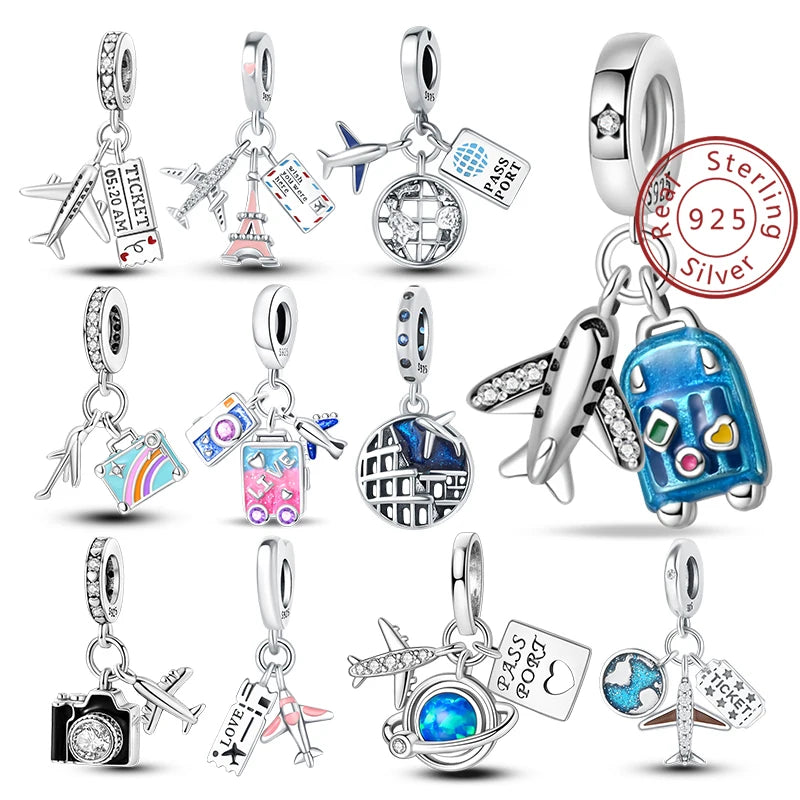 Original Charms Pendant Real S925 Sterling Silver Travel Luggage Airplane Charms Beads for Women Fine Jewelry Gift Making