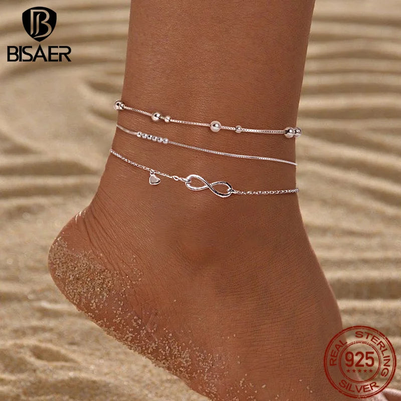 BISAER 925 Sterling Silver Infinity Love Anklet Chain Hypoallergenic Waterproof Anklets For Women Fine Jewelry Vacation Gifts