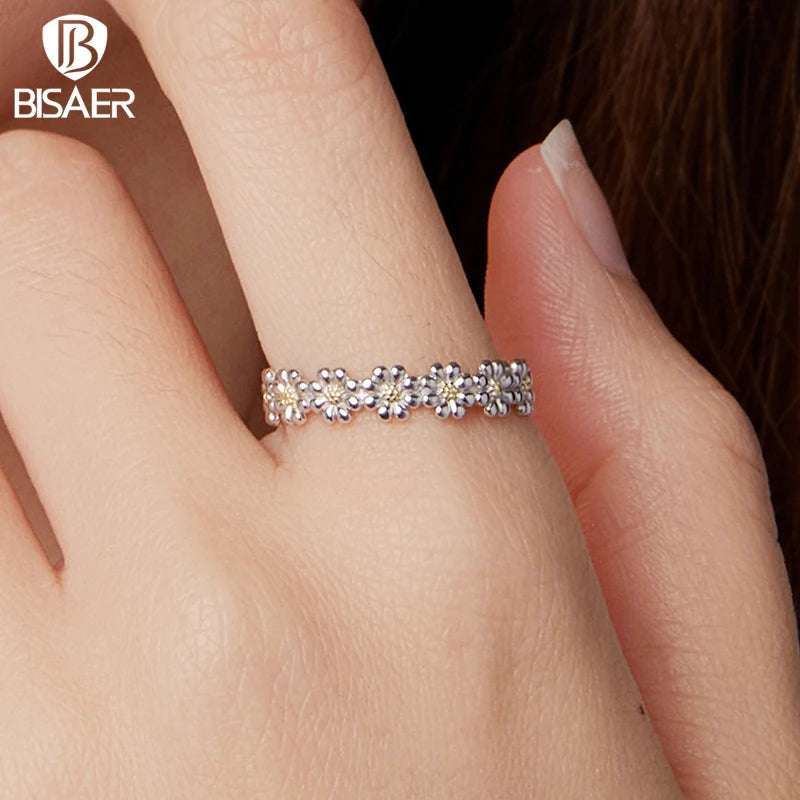 BISAER 925 Sterling Silver Daisy Open Ring Fresh Flower Statement Band Adjustable Plated White Gold for Women Party Fine Jewelry