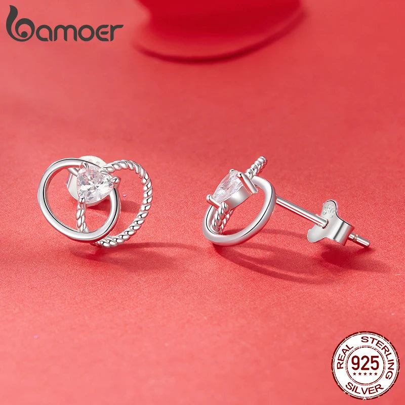 BAMOER 925 Sterling Silver Elegant Interlocking-Ring Heart Stud Earrings, Hypoallergenic Gold Plated Earrings Fine Jewelry Gift