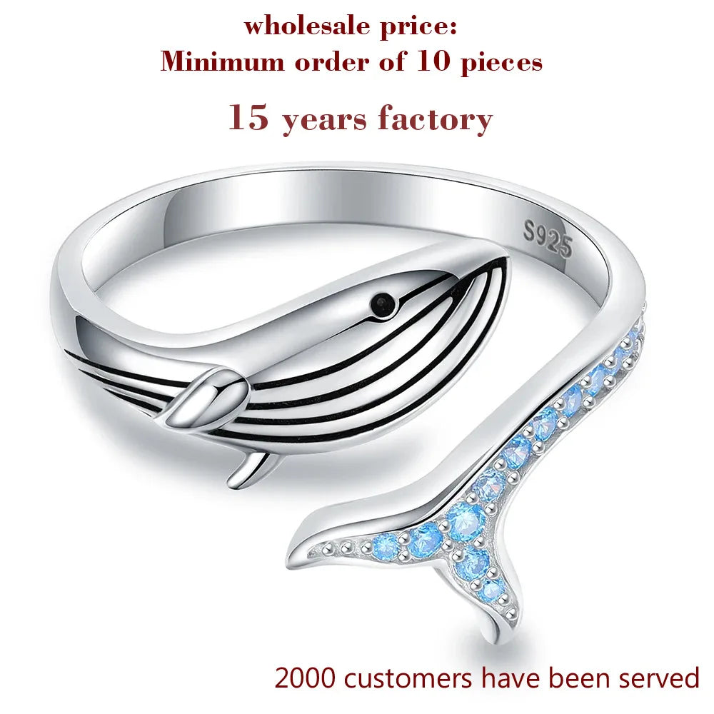 925 Sterling Silver Whale Adjustable Finger Cute Sea Animals Fish Open Ring Birthday Christmas Jewelry Gift for Women Teen Girls