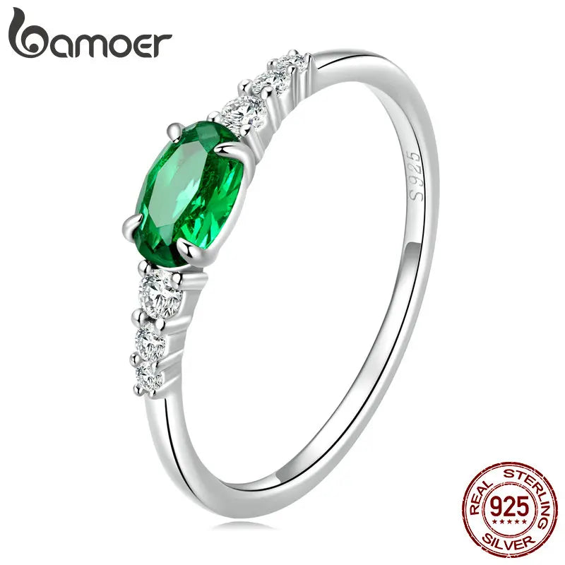 BAMOER 925 Sterling Silber Schlichter Edelsteinring für Frauen Grüner Zirkoniumring Edlen Schmuck Hochzeit Braut Hochzeitsgeschenk BSR265