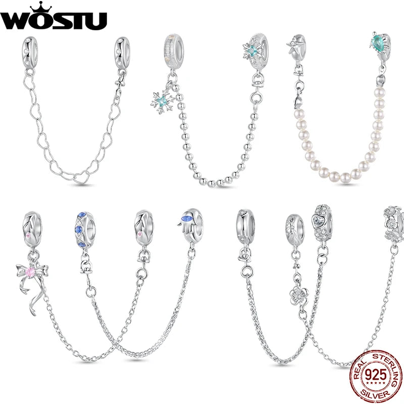 WOSTU Original 925 Sterling Silver Pink Bow Heart SnowFlake Safety Chain Turtle Spacer bead Fit Bracelet Jewelry Making DIY Gift