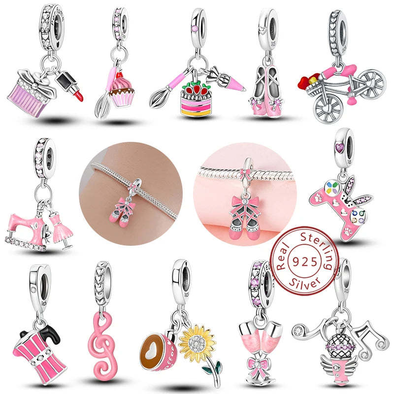 NEW 100% Real S925 Sterling Silve Pink Charm Beads Fit Original Pendant Bracelet Making For Woman Fashion Jewelry