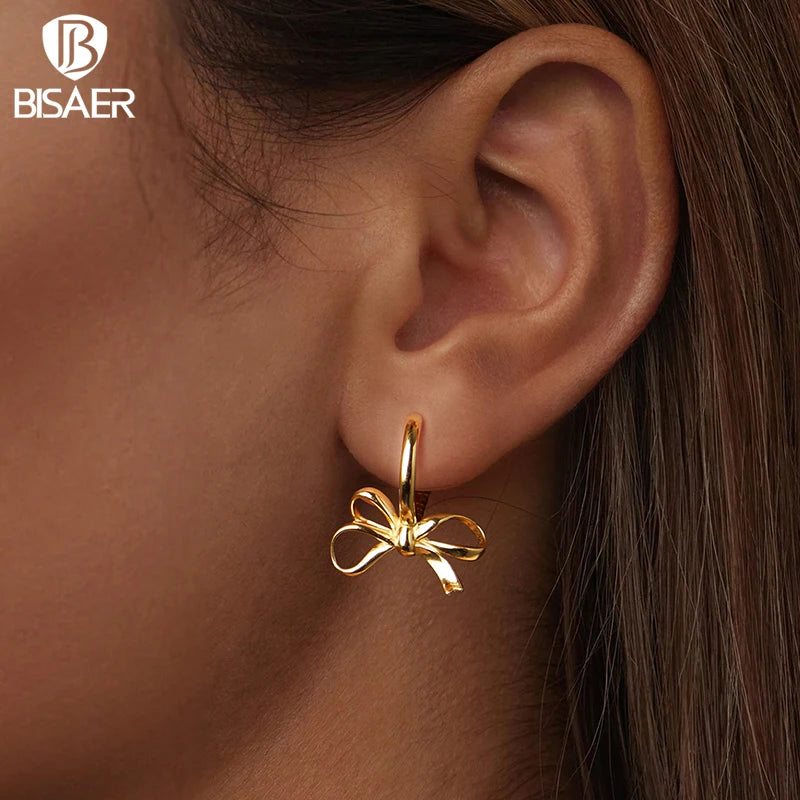 BISAER 925 Sterling Silver Simple Bow Ear Buckles Bowknot Classic Hypoallergenic Earrings Plated Gold for Women Fine Jewelry