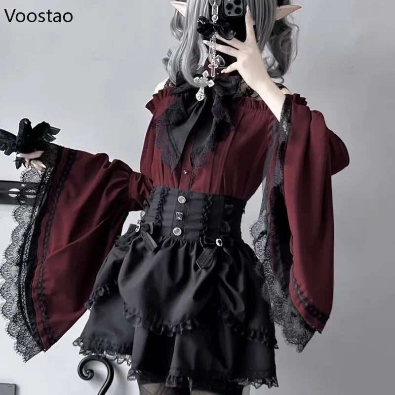 Victorian Gothic Lolita Style Shirts Japanese Women Vintage Elegant Lace Ruffles Flare Long Sleeves Blouse Female Y2k Slim Tops