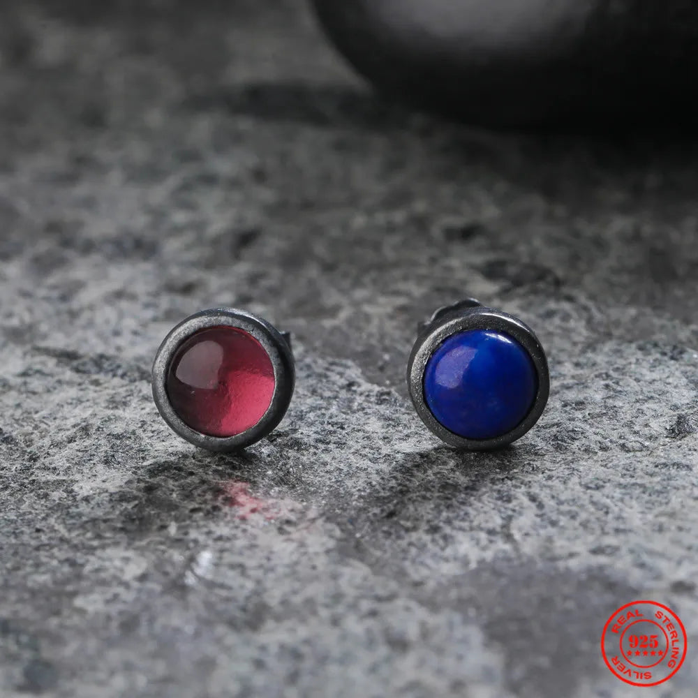 MKENDN New 100% 925 Sterling Silver Earrings Men Women Vintage Round Stud Earrings Lapis Lazuli Stone Personality Jewelry