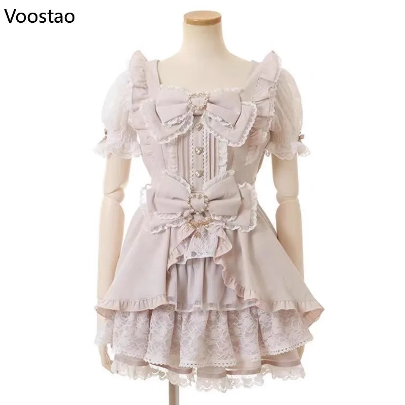 Japanese Sweet Lolita Rhinestone Bow Dress Kawaii Women Y2k Puff Sleeve Button Lace Ruffles Dress Harajuku Cute Party Cake Dress